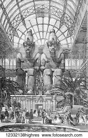 Stock Photograph - The Illustrated London News etching from 1854. The Crystal Palace at Sydenham, the Egyption Avenue. Colossal figures from Abo Simbel. The Abu Simbel temples are two massive rock temples at Abu Simbel, a village in Nubia, southern Egypt, near the.... Fotosearch