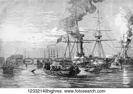 The Illustrated London News etching from 1854. Steamships of the Allied Fleet searching for infernal machines off Cronstadt, a port in north west Russia. Crimean War View Large Photo Image Stock Photograph - The Illustrated London News etching from 1854. Steamships of the Allied Fleet searching for infernal machines off Cronstadt, a port in north west Russia. Crimean War. Fotosearch