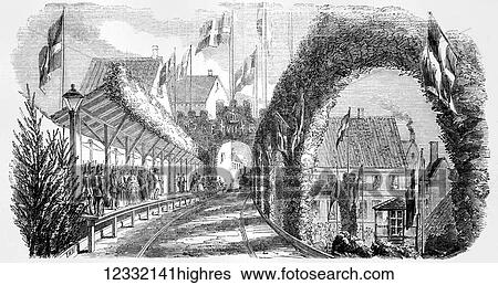 Stock Photograph - The Illustrated London News etching from 1854. The railway station at Flensburg, Germany. Fotosearch