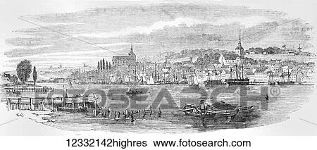 Stock Photograph - The Illustrated London News etching from 1854. The river at Flensburg, Germany, with sailing ships and boats. Fotosearch