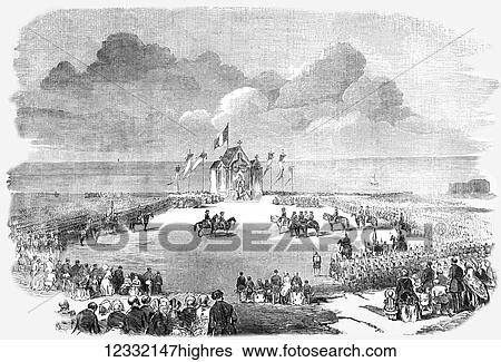Stock Photograph - The Illustrated London News etching from 1854. The grand military mass at the camp at Honvault, near Bolougne. Fotosearch