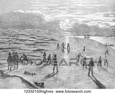 Stock Photograph - The Illustrated London News etching from 1854. Cricket match on Goodwin sands, Deal, Kent. In the summer of 1824, Captain K. Martin, then the Harbourmaster at Ramsgate, instituted the proceedings of the first known cricket match on the Goodwin Sands, at.... Fotosearch
