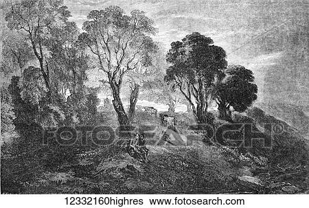 Stock Photograph - The Illustrated London News etching from 1854. When the Kye come hame. drawn by G. Dodgson. Fotosearch