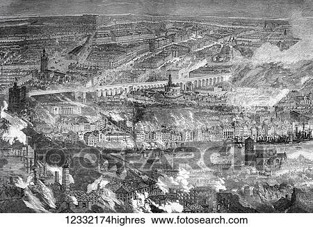 Stock Photograph - The Illustrated London News etching from 1854. Newcastle Upon Tyne and Gateshead during the recent conflguration. Large explosion causing great fire. Fotosearch