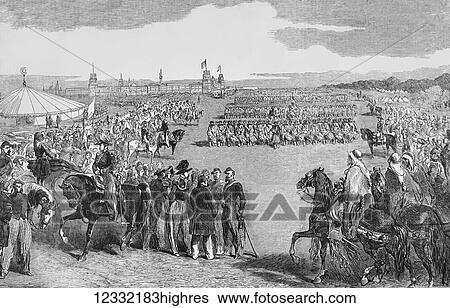 Stock Photograph - The Illustrated London News etching from 1854. review of the division under Prince Napolean before the Sultan at Scuiri, Croatia. French Light Infantry, Zouaves. Fotosearch