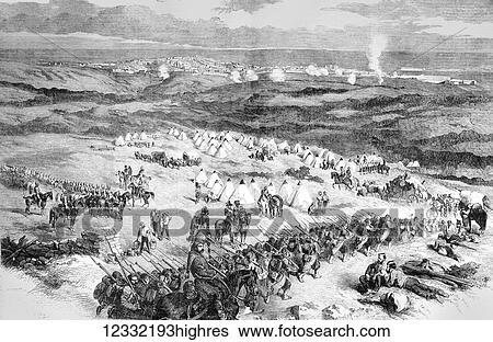 Stock Photograph - The Illustrated London News etching from 1854. The siege of Sebastopol, general view of troops and tents. Fotosearch