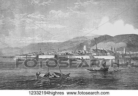 Stock Photograph - The Illustrated London News etching from 1854. Town and fortress of Silistria. Silistra is a port city in northeastern Bulgaria. The city lies on the southern bank of the lower Danube river, and is also the part of the Romanian border where it stops.... Fotosearch