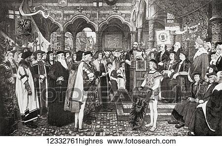 Stock Photograph - The inaugural ceremony of the Antwerp Exchange, Belgium in 1532. From Hutchinson's History of the Nations, published 1915. Fotosearch