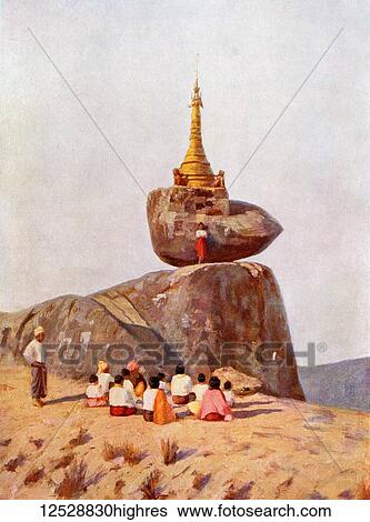 The Kyaiktiyo Pagoda, Mon State, Burma. A small pagoda built on the top of a granite boulder. From The Wonders of the World, published c. 1920. View Large Photo Image Stock Photograph - The Kyaiktiyo Pagoda, Mon State, Burma. A small pagoda built on the top of a granite boulder. From The Wonders of the World, published c. 1920.. Fotosearch