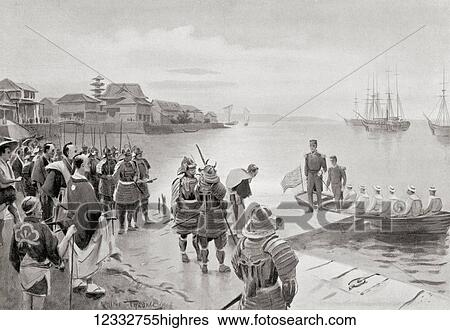 Stock Photograph - The landing of Admiral Perry in Tokio Harbour, Japan, July 8th, 1853. Matthew Calbraith Perry, 1794 1858. Commodore of the United States Navy who played a leading role in the opening of Japan to the West with the Convention of Kanagawa in 1854..... Fotosearch