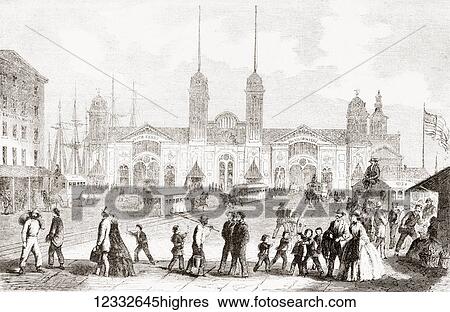 Stock Photograph - The landing stage inaugurated in the port of New York, United States of America in 1867. From L'Univers Illustre published 1867.. Fotosearch