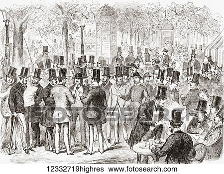 Stock Photograph - The Little Bourse, Boulevard des Italiens, Paris, France in the 19th century. Small speculators congregate to trade while the stock exchange is closed. From L'Univers Illustre published 1867.. Fotosearch