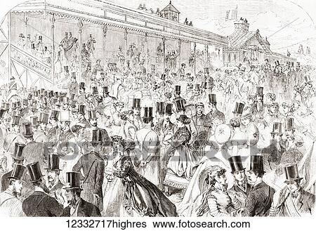 Stock Photograph - The Longchamp Racecourse ( Hippodrome de Longchamp), Route des Tribunes, Bois de Boulogne, Paris, France in the 19th century. From L'Univers Illustre published 1867.. Fotosearch