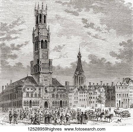Stock Photograph - The market place at Bruges, Belgium in the 16th century. From Ward and Lock's Illustrated History of the World, published c. 1882.. Fotosearch