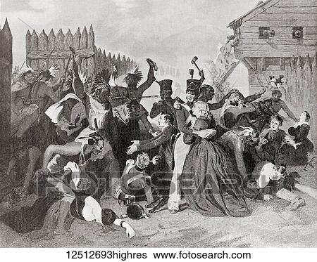 Stock Photograph - The massacre at Fort Mimms during The Creek War (1813-1814), aka the Red Stick War and the Creek Civil War. The Creek Indian warriors attacked the fort and killed a total of 400 to 500 settlers. From Hutchinson's History of the Nations, published 1915.. Fotosearch