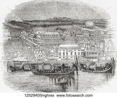 Stock Photograph - The Palace of Whitehall and adjoining buildings with a Royal Aquatic Procession in the foreground. From Old England: A Pictorial Museum, published 1847.. Fotosearch