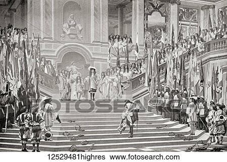 Stock Photograph - The reception of the Grand Conde held by Louis XIV in 1674. The Duc d'Enghien, later Louis de Bourbon or Louis II, Prince of Cond, 1621 1686. French general. From Hutchinson's History of the Nations, published 1915.. Fotosearch