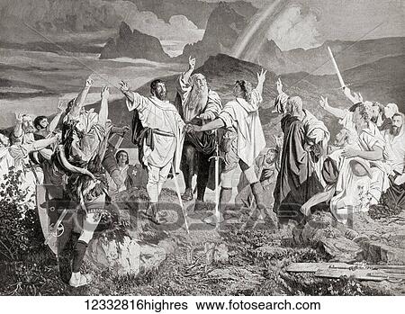 Stock Photograph - The Rtlischwur, a legendary oath of the Old Swiss Confederacy, taken on the Rtli, a meadow above Lake Lucerne near Seelisberg, Switzerland. From Hutchinson's History of the Nations, published 1915.. Fotosearch