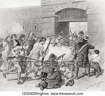 Stock Photograph - The Steel Boys or Hearts of Steel storming the barracks at Belfast, Ireland in 1770 in an attempt to rescue a prisoner. The Hearts of Steel was an exclusively Protestant movement originating in County Antrim, Ireland due to grievances about the sharp.... Fotosearch
