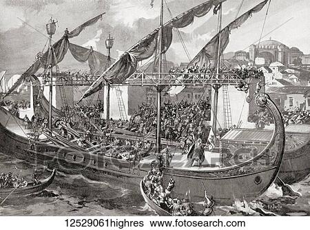 Stock Photograph - The storming of Constantinople by Venetians and crusaders during the Fourth Crusade in 1204. The Venetians carried the low sea-wall by running gangway bridges onto it from the mastheads of galleys coupled together. From Hutchinson's History of the.... Fotosearch