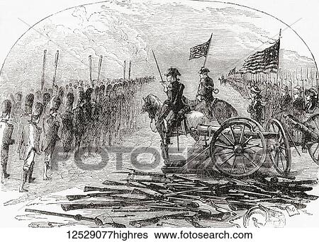 Stock Photograph - The surrender of General Burgoyne after the Second Battle of Saratoga, 1777. General John Burgoyne, 1722 1792. British army officer, dramatist and politician. From Ward and Lock's Illustrated History of the World, published c. 1882.. Fotosearch