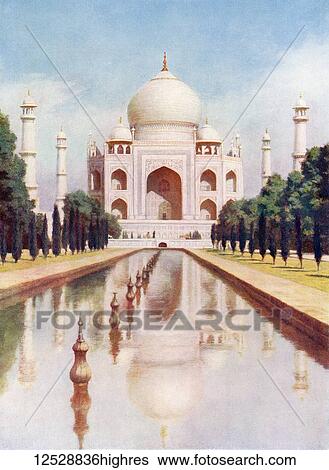Stock Photograph - The Taj-Mahal, Agra, Uttar Pradesh, India. It was commissioned in 1632 by the Mughal emperor, Shah Jahan to house the tomb of his favourite wife, Mumtaz Mahal. From The Wonders of the World, published c. 1920.. Fotosearch