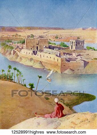 Stock Photograph - The Temple Complex on the island of Philae, Egypt c. 1920. The building of the Aswan Dam meant that the island was submerged between November and June, it was later dismantled and relocated to Agilkia island, Nile River. From The Wonders of the.... Fotosearch