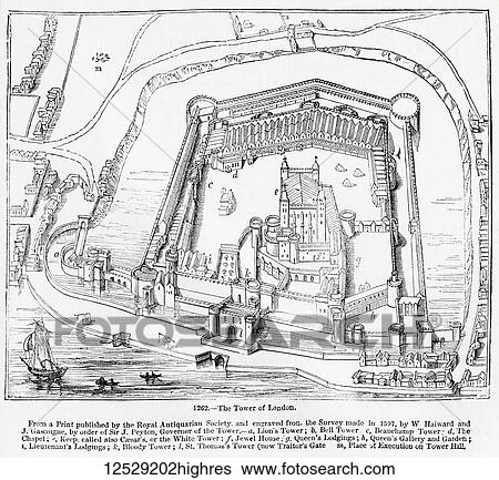 The Tower of London. From a print published by The Royal Antiquarian Society and engraved from the survey made in 1597, by W. Haiward and J. Gascoigne, by order of Sir J. Peyton, Governor of The Tower - a, Lion's Tower b, Bell Tower c, Beauchamp... View Large Photo Image Stock Photograph - The Tower of London. From a print published by The Royal Antiquarian Society and engraved from the survey made in 1597, by W. Haiward and J. Gascoigne, by order of Sir J. Peyton, Governor of The Tower - a, Lion's Tower b, Bell Tower c, Beauchamp.... Fotosearch