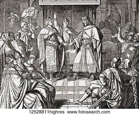 Stock Photograph - The Treaty of Verdun, signed in August 843 by Lothair I, Louis the German and Charles the Bald. First of the treaties that divided the Carolingian Empire into three kingdoms, East, West and Middle Francia, among the three surviving sons of Louis the.... Fotosearch