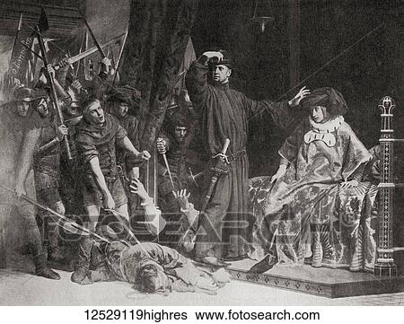Stock Photograph - The Triumph of Etienne Marcel. During the Estates General assembly of 1358 the populace of Paris, led by Marcel, invaded the palace and murdered the marshals of Champagne Jean de Conflans and Normandy Robert de Clermont in front of The Dauphin..... Fotosearch