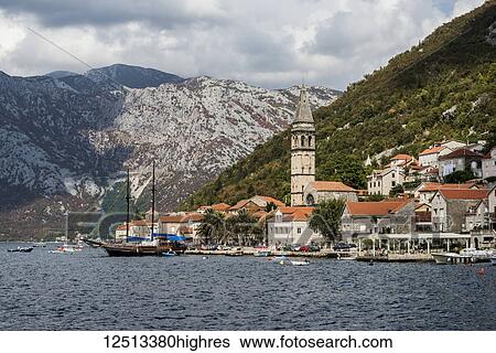 Stock Photograph - The waterfront of Perast, in the Bay of Kotor; Perast, Kotor Municipality, Monte. Fotosearch