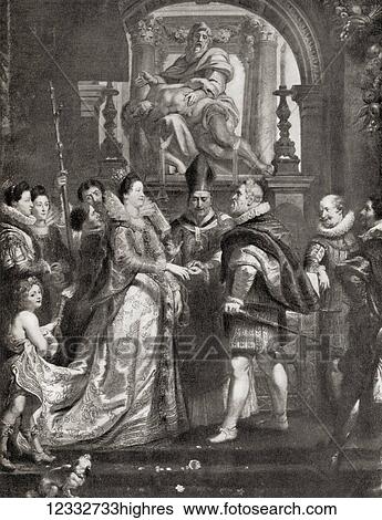 Stock Photograph - The Wedding by Proxy of Marie de' Medici to King Henry IV, after the painting by Peter Paul Rubens. Marie de' Medici, 1575 1642. Queen of France as the second wife of King Henry IV of France. From Hutchinson's History of the Nations, published 1915.. Fotosearch