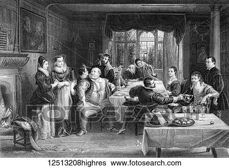 Stock Photograph - The Works of Shakspere (Imperial Edition) edited by Charles Knight. An etched drawing Published by Virtue & Co Ltd 1870. William Shakespeare. Falstaff and his friends from the Merry Wives of Windsor. Fotosearch