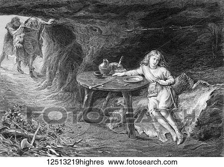Stock Photograph - The Works of Shakspere (Imperial Edition) edited by Charles Knight. An etched drawing Published by Virtue & Co Ltd 1870. William Shakespeare. Imogen in the cave from Cymbeline. Fotosearch
