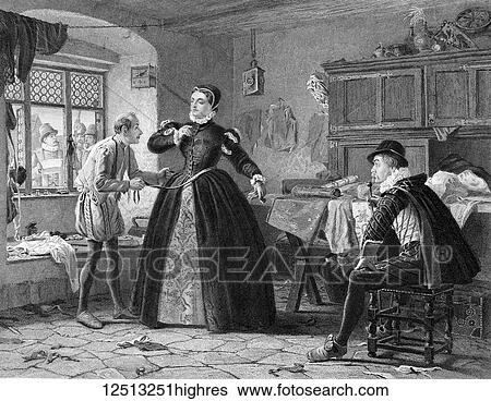 Stock Photograph - The Works of Shakspere (Imperial Edition) edited by Charles Knight. Published by Virtue & Co Ltd 1870. William Shakespeare. Fine art print. The Ladys Taylor. King Henry IV second-part. Artist C. w. Sharp. Fotosearch