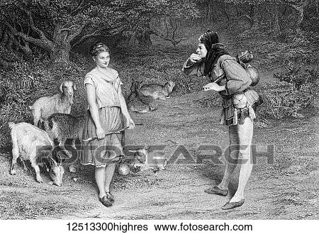 Stock Photograph - The Works of Shakspere (Imperial Edition) edited by Charles Knight. An etched drawing Published by Virtue & Co Ltd 1870. William Shakespeare. Touchstone and Audrey from As you Like it. Fotosearch