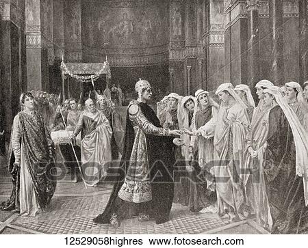 Stock Photograph - Theophilos choosing his future bride Theodora at a great bride-show arranged for him by his stepmother Euphrosyne. Theophilos, c. 800-805 842 AD. Byzantine Emperor. From Hutchinson's History of the Nations, published 1915.. Fotosearch