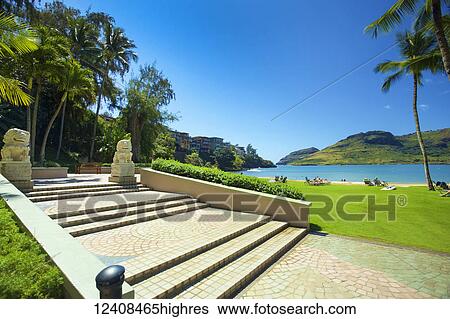 Tourists sit on a beach at a Hawaiian resort along a bay with bright green grass, blue sky and palm trees; Kalapaki, Kauai, Hawaii, United States of America View Large Photo Image Stock Photograph - Tourists sit on a beach at a Hawaiian resort along a bay with bright green grass, blue sky and palm trees; Kalapaki, Kauai, Hawaii, United States of America. Fotosearch