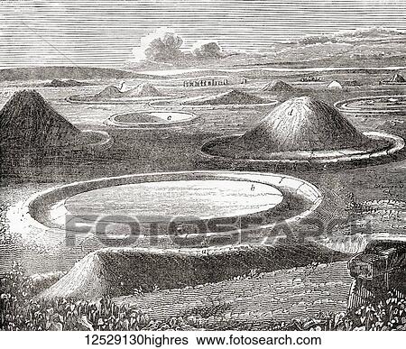 Stock Photograph - Types of barrows, aka Tumuli, burial mounds or kurgans. a. Long barrow. b and c. Druid barrows. d. Bell shaped barrow. e. Conical barrow. f. Twin barrow. From Old England: A Pictorial Museum, published 1847.. Fotosearch