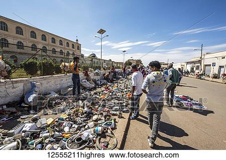 Stock Photograph - Used household utensils market; Asmara, Central Region, Eritrea. Fotosearch