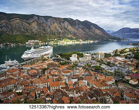 Stock Photograph - View from Kotor Fortress with a cruise ship in the harbour; Kotor, Monte. Fotosearch