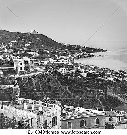 View of the city of Algiers, viewed from the Marengo Gardens, a Magic lantern slide circa 1900; Algiers, Algeria View Large Photo Image Stock Photograph - View of the city of Algiers, viewed from the Marengo Gardens, a Magic lantern slide circa 1900; Algiers, Algeria. Fotosearch