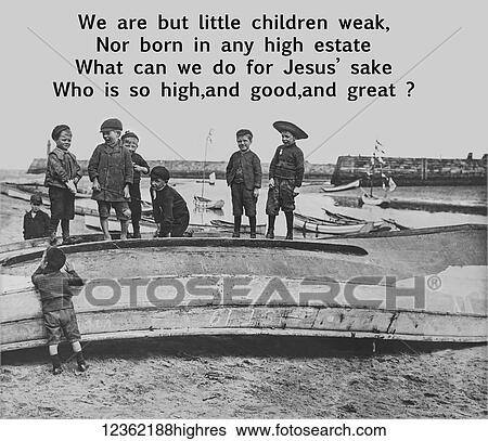 Stock Photograph - Vintage black and white image of children standing and playing on a boat on the beach with a Christian Faith question. Fotosearch