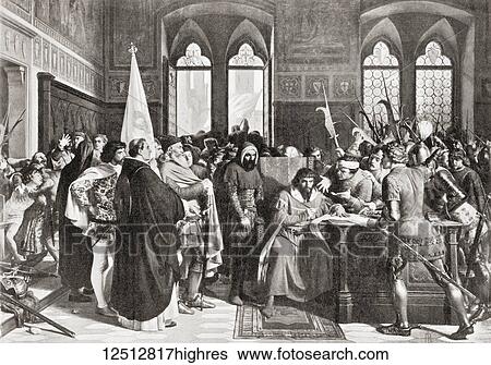 Stock Photograph - Walter VI of Brienne, c. 1304 1356. Count of Brienne, Conversano, and Lecce, and titular Duke of Athens. Walter de Brienne was elected by the Florentines to govern their city. Due to his oppressive taxes and ferocious cruelty towards those who.... Fotosearch