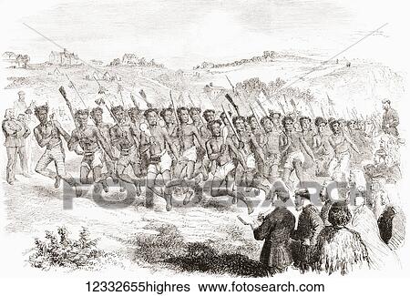 Stock Photograph - War dance of the Ng? i Te Rangi or Ng? iterangi, M? ori indigenous Polynesian people of Tauranga, New Zealand in the 19th century. From L'Univers Illustre published 1867.. Fotosearch