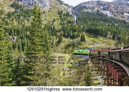 White Pass Railroad crosses tressel as it transports tourists on ride out of Skagway, Alaska into Canada and returns; Skagway, Alaska, United States of America View Large Photo Image Stock Photograph - White Pass Railroad crosses tressel as it transports tourists on ride out of Skagway, Alaska into Canada and returns; Skagway, Alaska, United States of America. Fotosearch