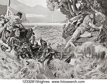 Stock Photograph - William Tell is carried across the lake to Kussnacht but leaps away from his captor Gessler when a storm arises. Albrecht Gessler, aka Hermann, was a legendary 14th-century Habsburg bailiff whose brutal rule led to the William Tell rebellion and the.... Fotosearch