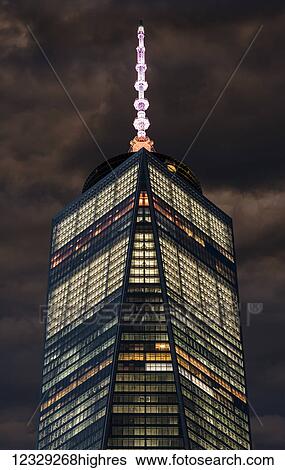 Stock Photograph - World Trade Center And Antenna At Twilight; New York City, New York, United States Of America. Fotosearch