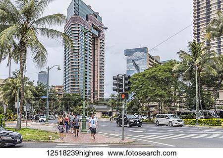 Stock Photograph - Wyland Whaling Wall number 67 (of 100) 'Earth Day Hawaii' painted on the Royal Aloha Condominiums at 1909 Ala Wai Boulevard and was dedicated on the 25th anniverary of Earth Day. Viewpoint is where Ala Mona Boulevard merges into Kalakaua Avenue in.... Fotosearch