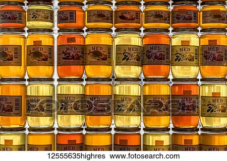 Stock Photograph - Honey for sale at Pula Central Market; Pula, Istria, Croatia. Fotosearch